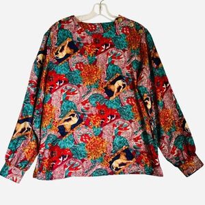 Vintage Top Blouse Size 10 Satin Multicolor Barocco Long Sleeve Career Party